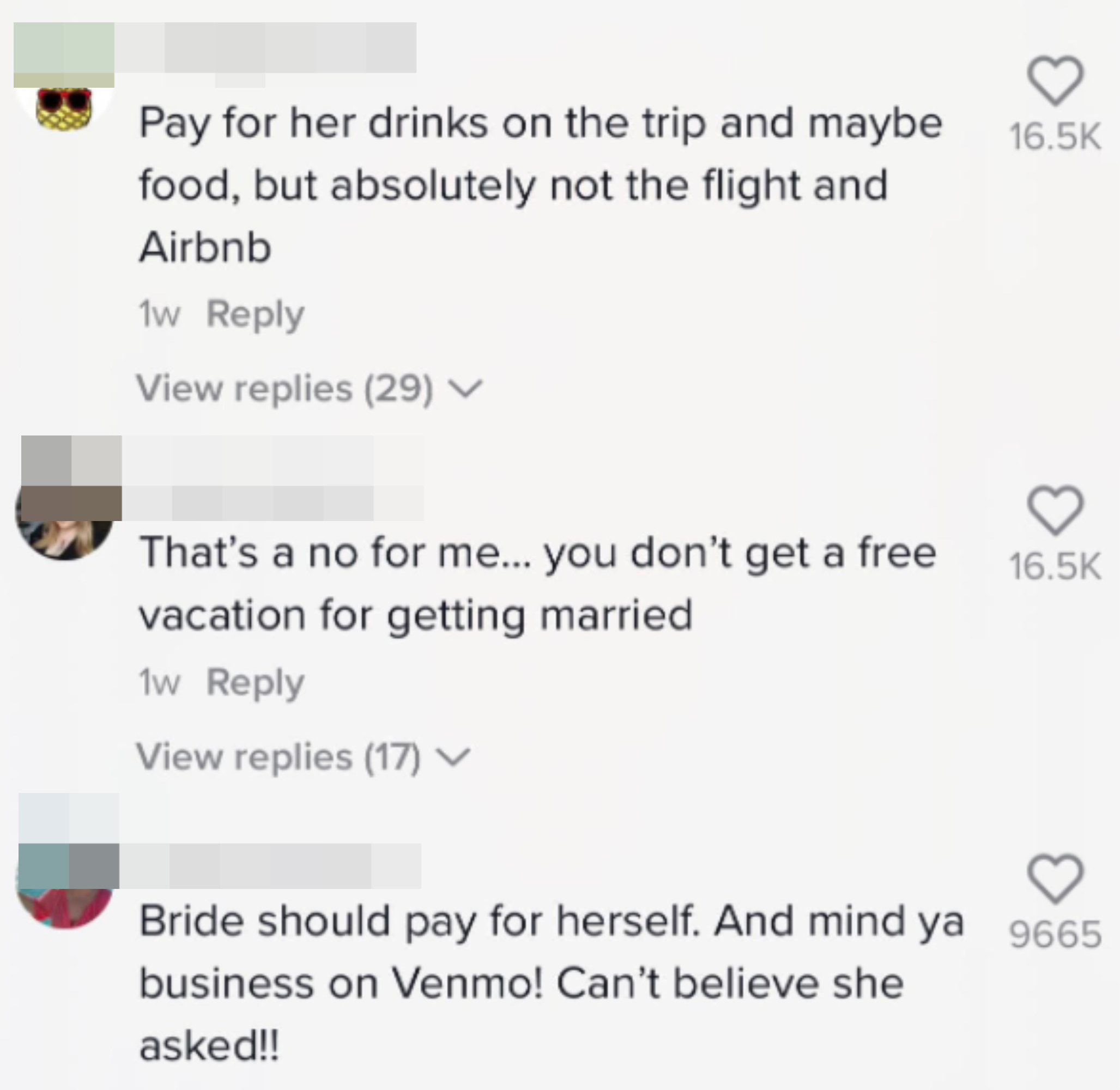 comments saying you don&#x27;t get a free vacation just because you&#x27;re getting married