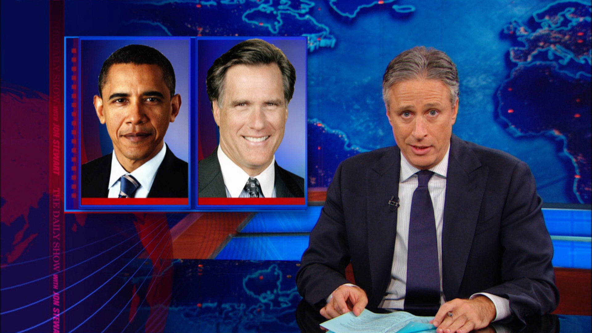 Jon Stewart hosting a segment about Obama and Romney