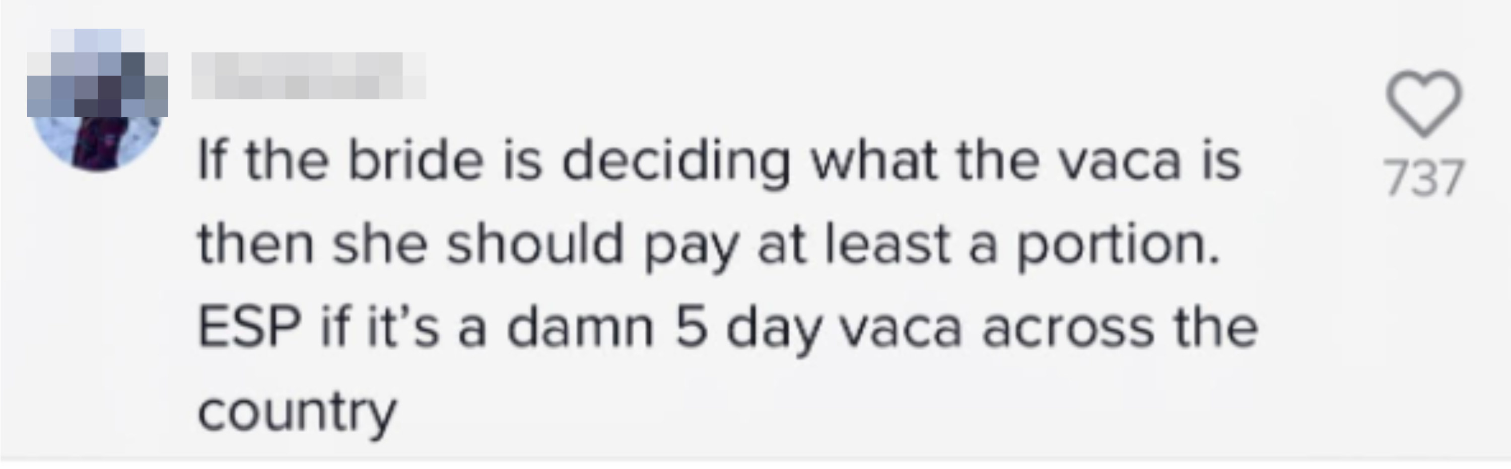 commenter saying that if the bride decided on the vacation then she should pay a portion