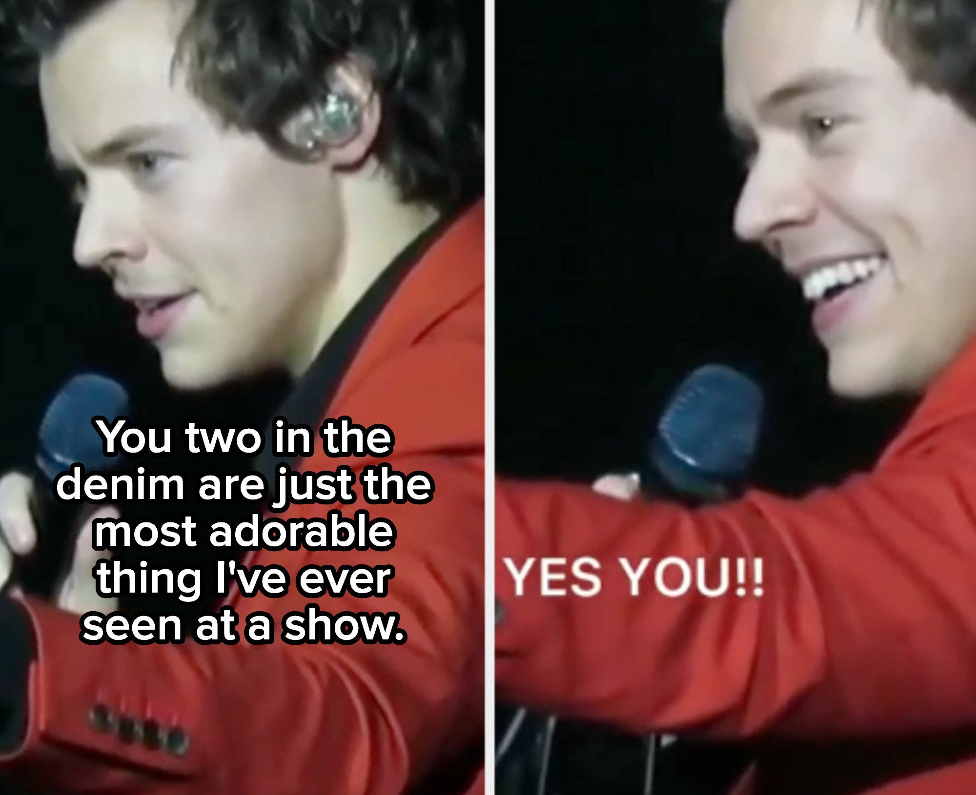 Harry saying &quot;you two in the denim are just the most adorable thing I&#x27;ve ever seen at a show.&quot;