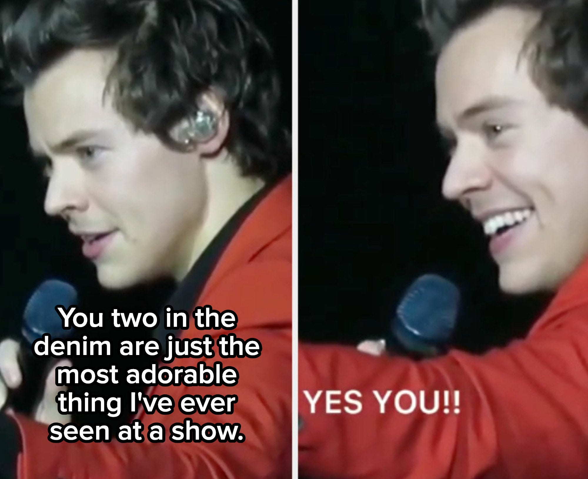 Harry saying &quot;you two in the denim are just the most adorable thing I&#x27;ve ever seen at a show.&quot;