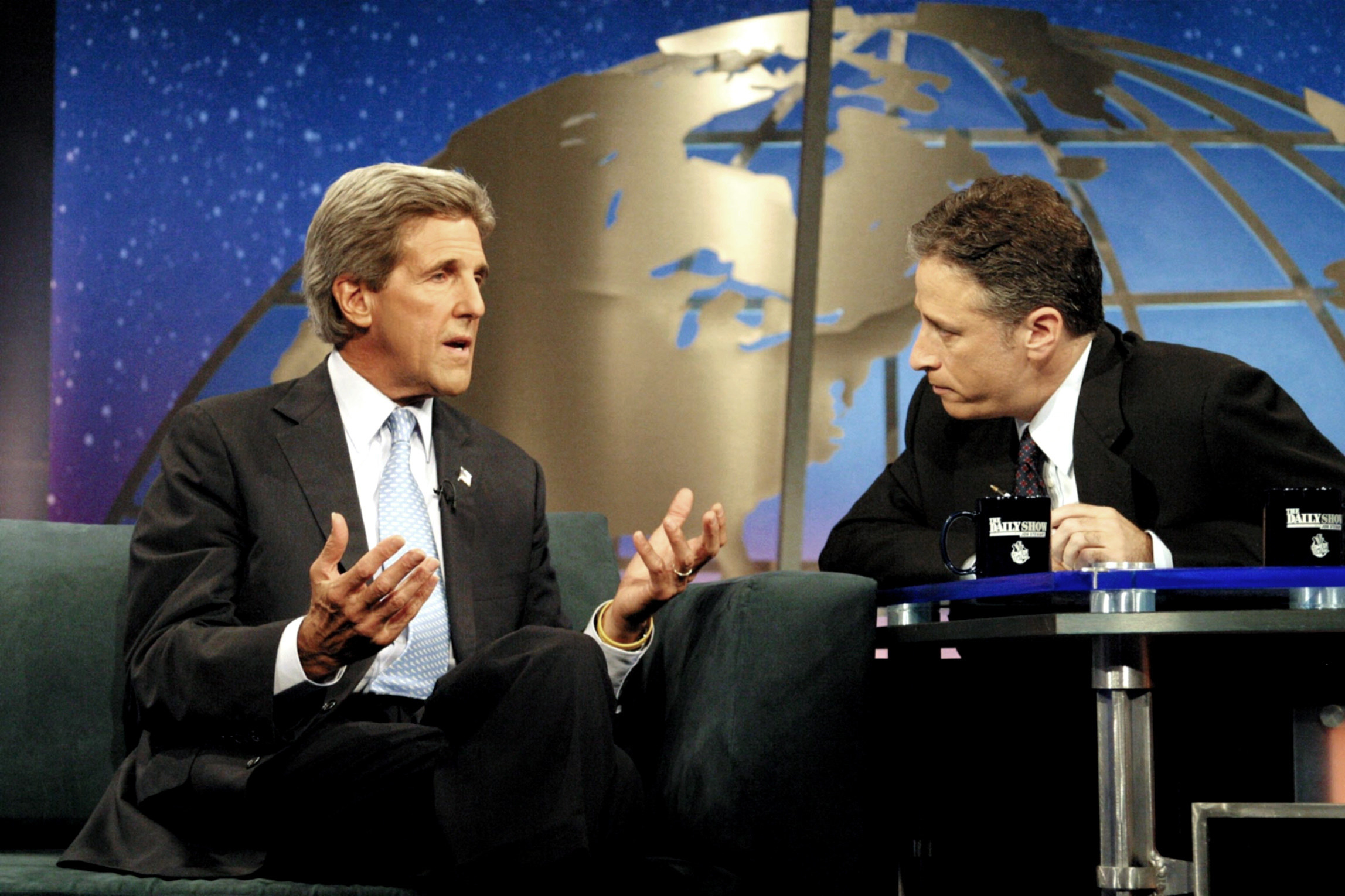 Jon Stewart interviewing John Kerry