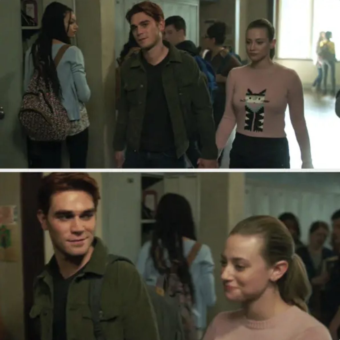 Archie and Betty holding hands and walking down a school hallway