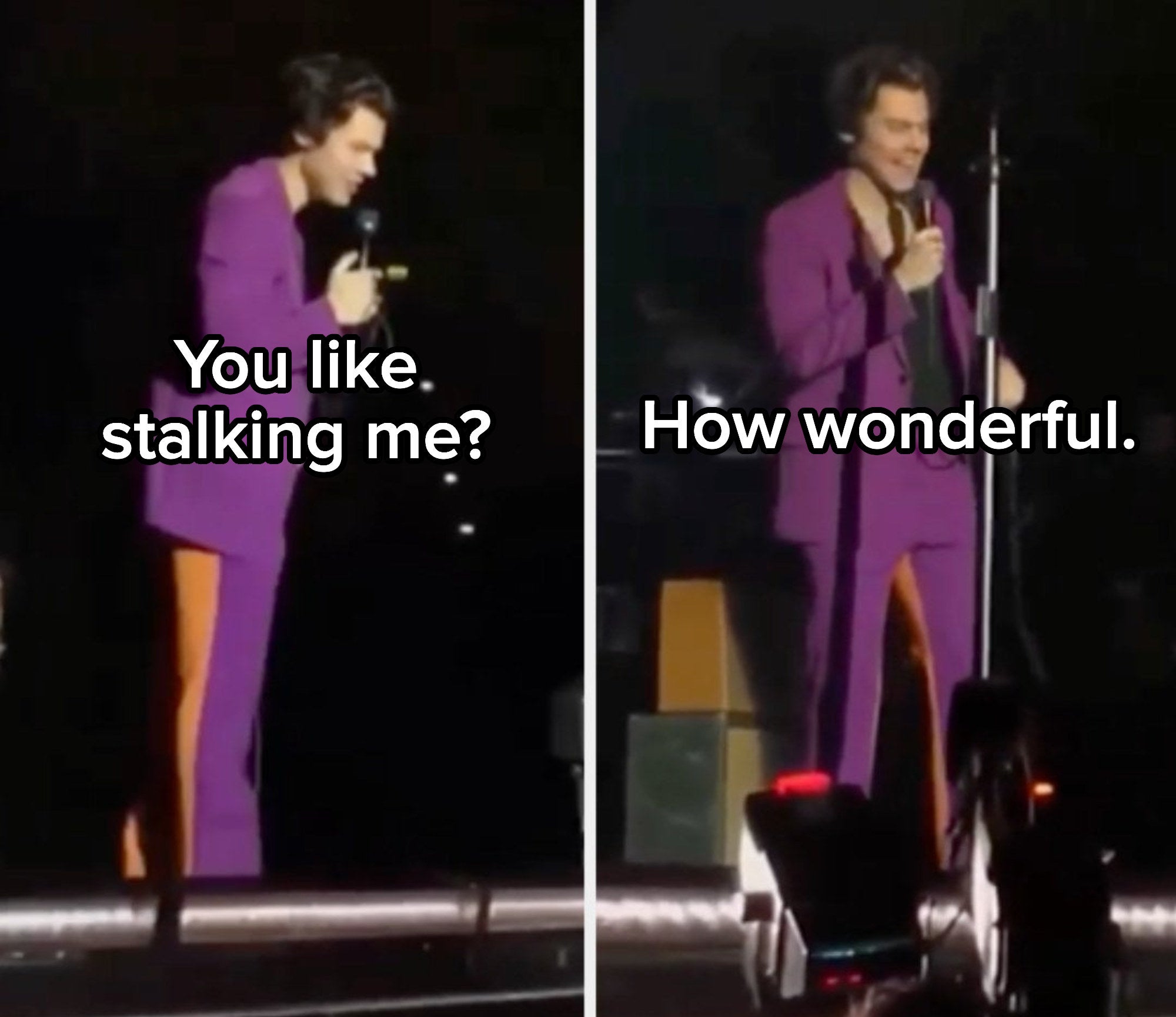 Harry Styles saying, &quot;You like stalking me? How wonderful.&quot;