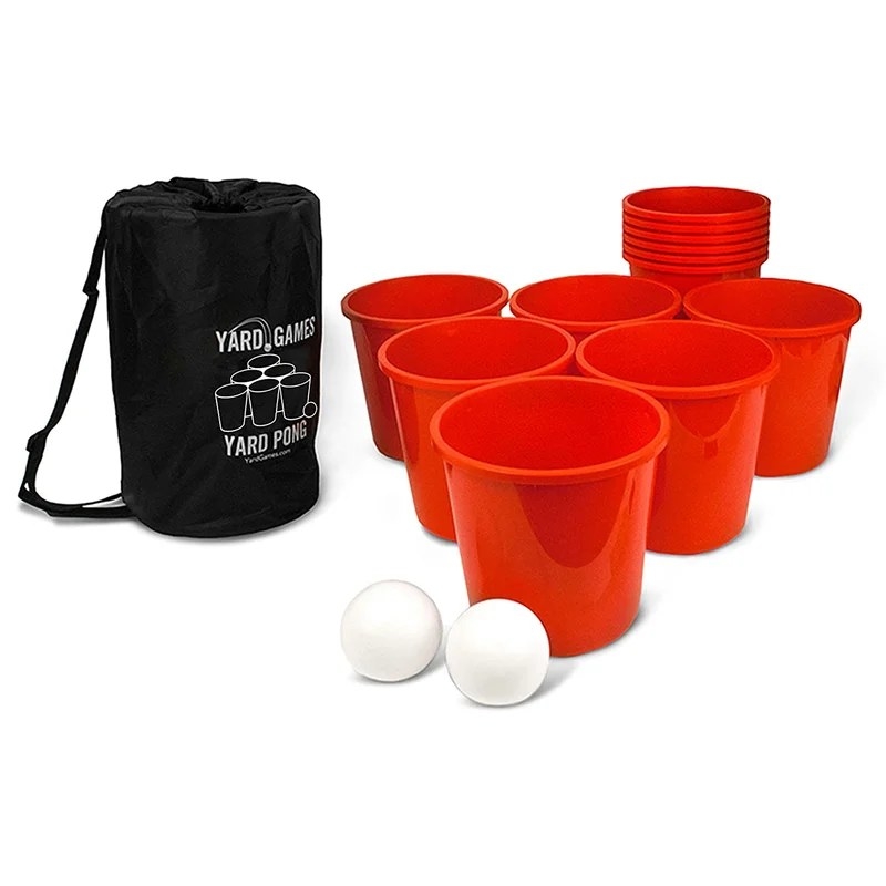 A set of 12 buckets and two ping pong balls and a carrying case