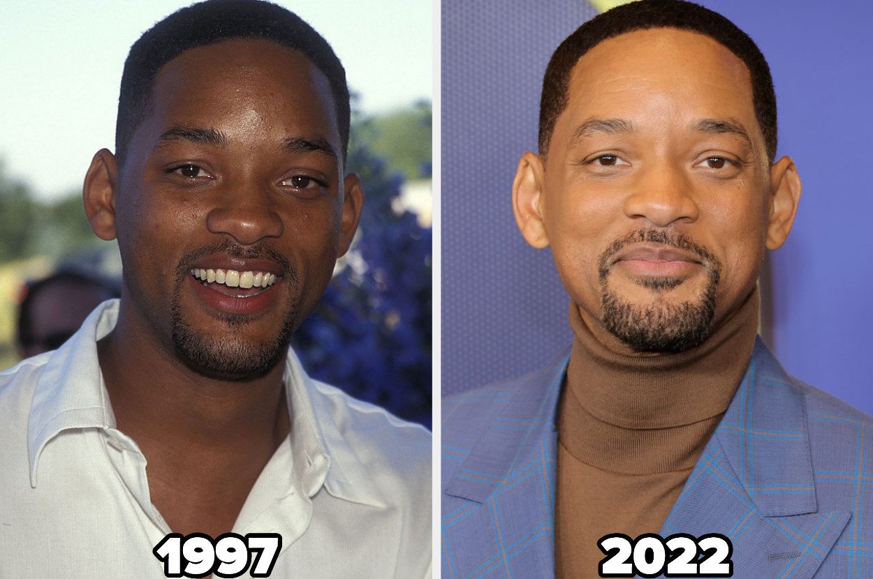 Will Smith attends the &quot;Men in Black&quot; East Hampton Premiere in 1997 and on the right at the 94th Annual Oscars Nominees Luncheon in 2022