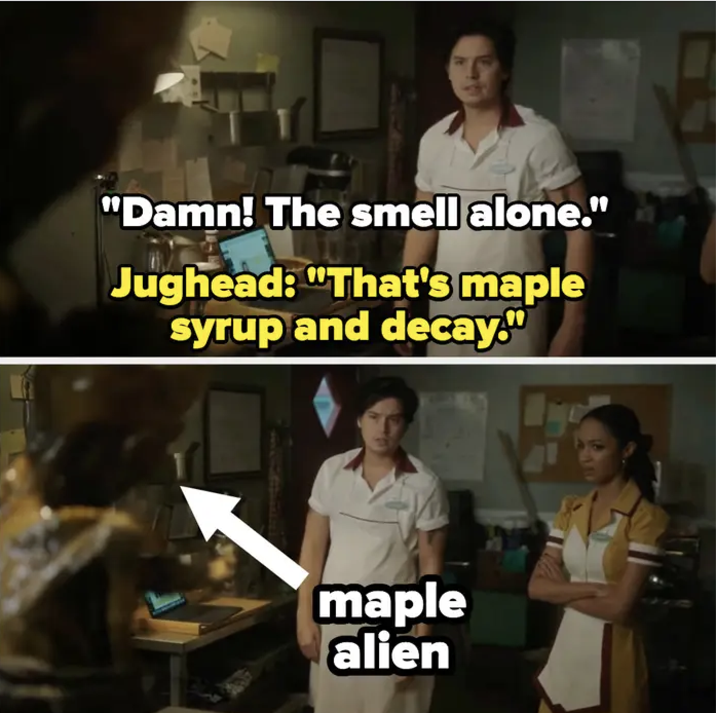 An alien in an office with Jughead and a coworker reacting