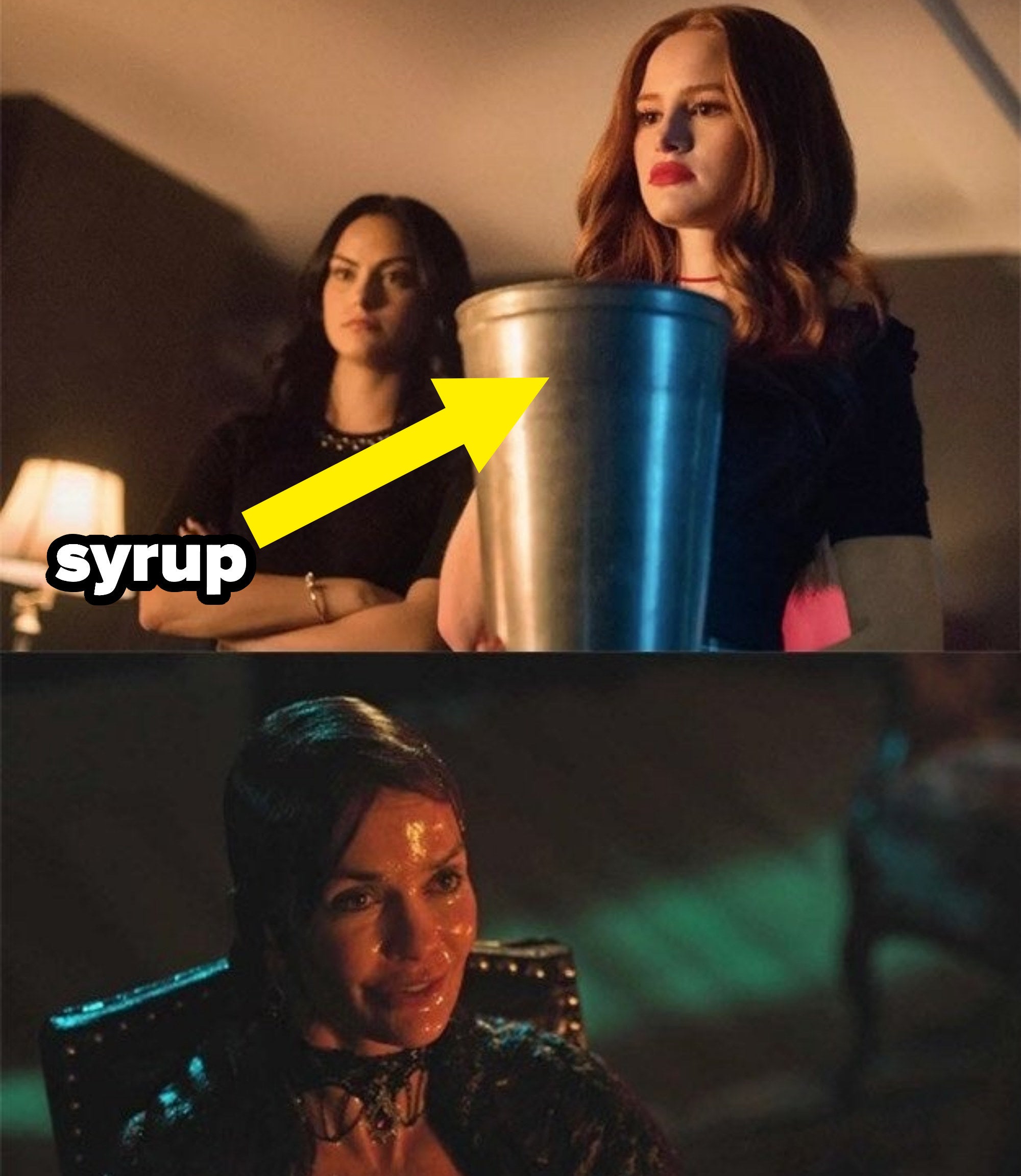 A bucket of syrup next to the girls and the mom covered in syrup