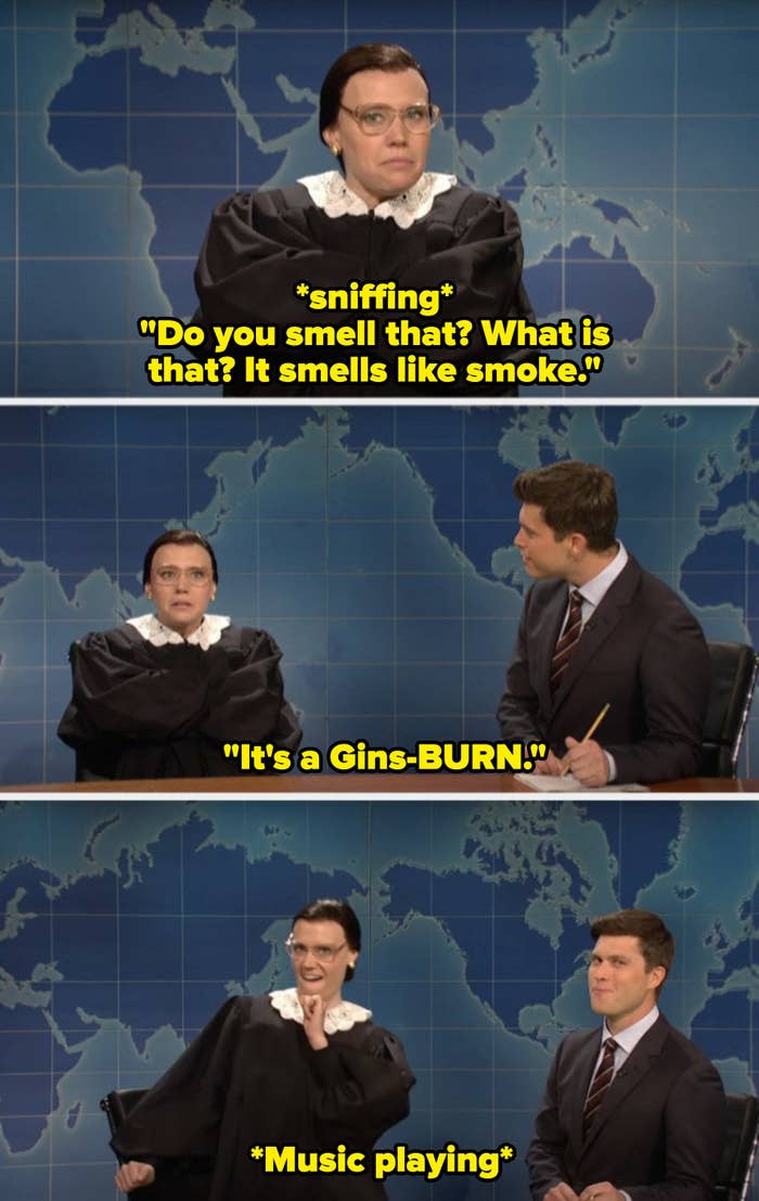 Kate McKinnon asking if it smells like smoke, then saying &quot;It&#x27;s a Gins burn&quot;