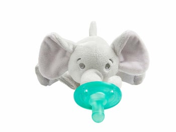 The paci attached to a stuffed elephant