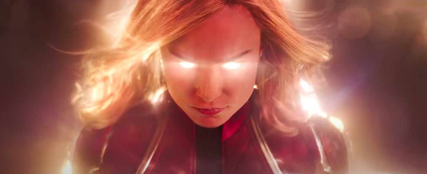 Carol&#x27;s eyes light up and her hair blows in the wind as her power surges from within