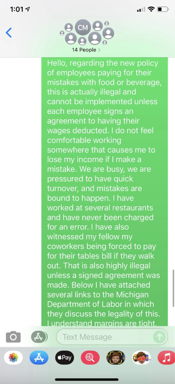 a text message where it explains that the job mandate is actually illegal