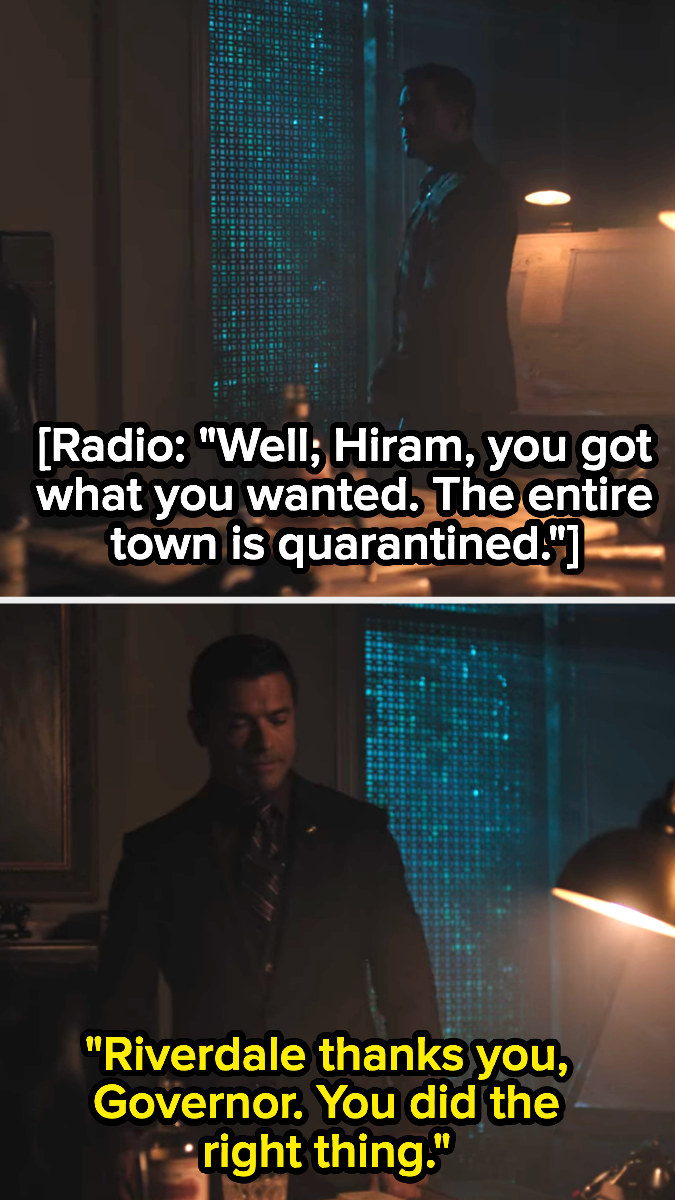 A radio announcement that the town has been quarantined and Hiram saying they did the right thing