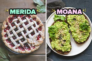On the left, a cherry pie labeled Merida, and on the right, two slices of avocado toast labeled Merida