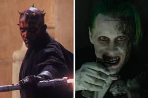 Darth Maul igniting his double-ended lightsaber in "Star Wars: Episode I - The Phantom Menace"/The Joker with the left side of his face burnt in "Suicide Squad"