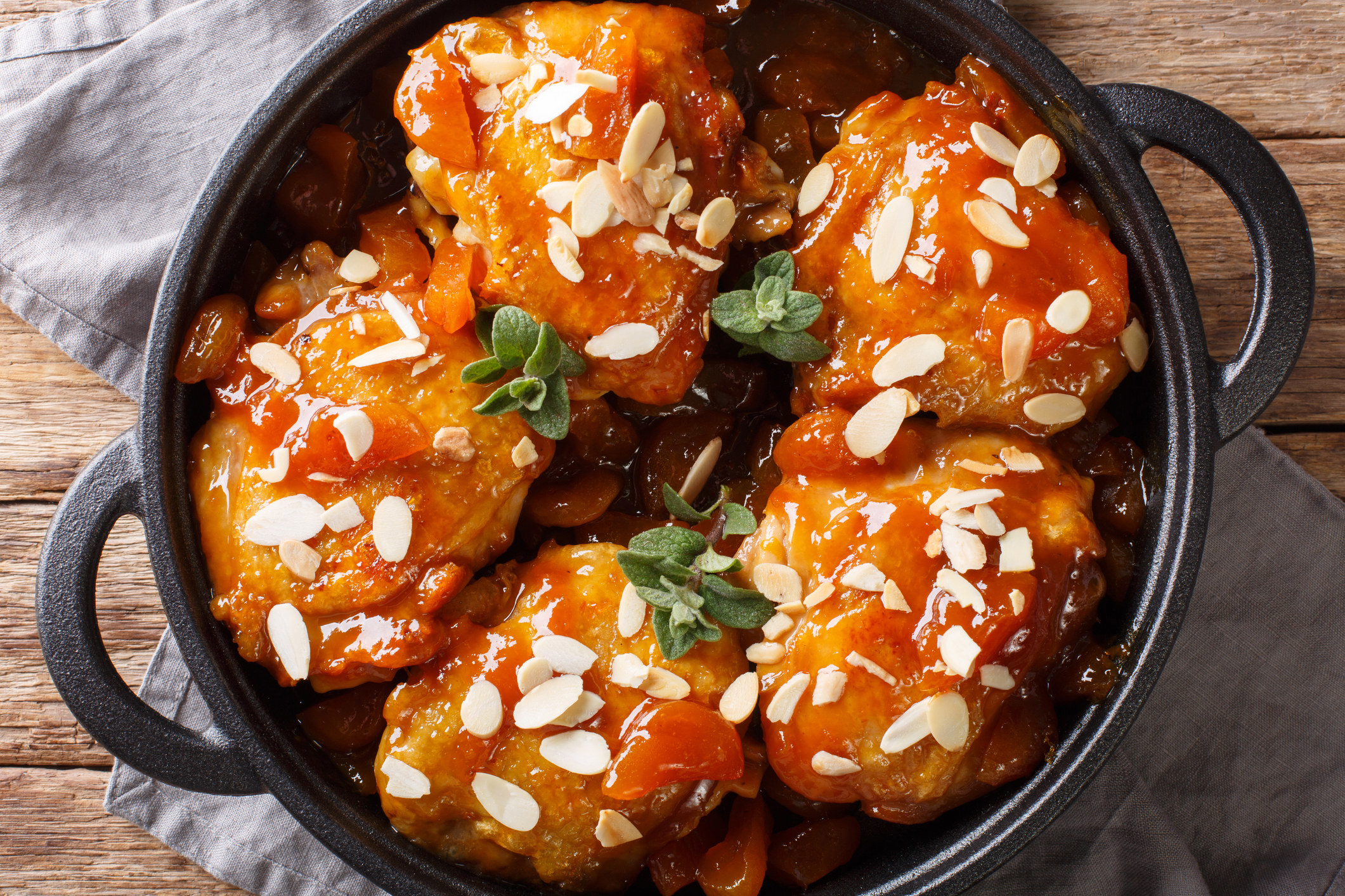 Apricot chicken in a skillet.