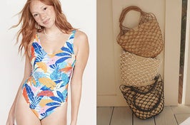 left image: floral one piece bathing suit, right image: woven sedona bags 