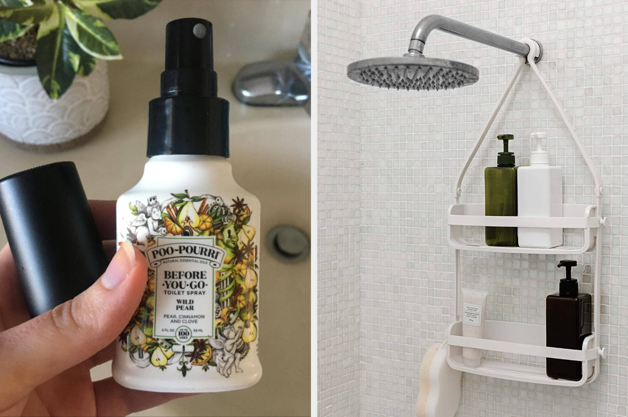 A person holding a small bottle of toilet spray, A shower caddy hanging from the shower head