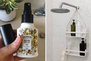 A person holding a small bottle of toilet spray, A shower caddy hanging from the shower head