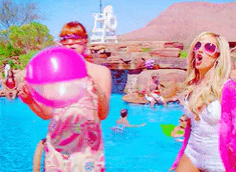 Sharpay strutting by the pool in bathing suit and satin cover up punching beach ball out of someone&#x27;s hand