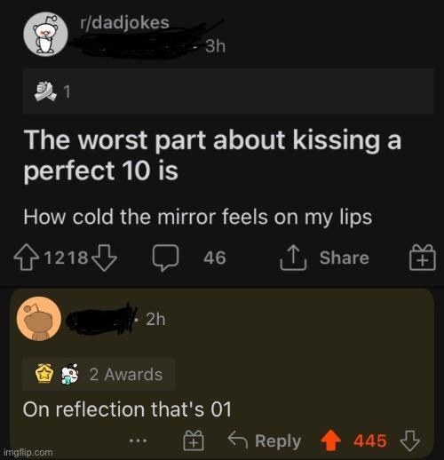 text reading the worst part about kissing a perfect 10 is how cold the mirrrorr feels on my lips and someone responds on reflection that&#x27;s 01
