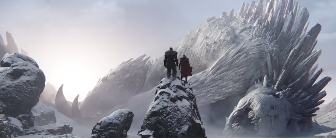 Thor and Korg looking out at the dead body of Falligar the Behemoth in &quot;Thor: Love and Thunder&quot;