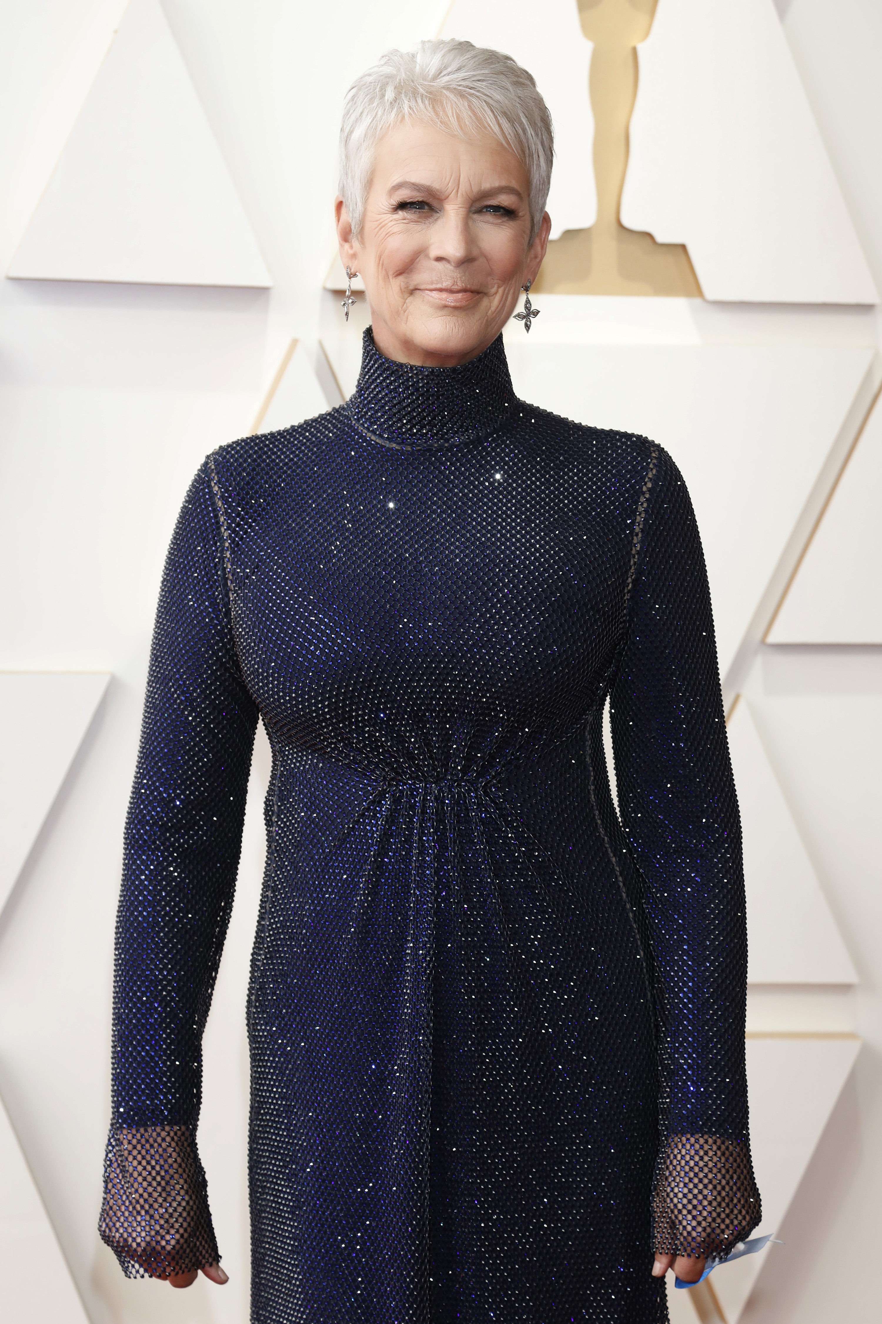 Jamie a long sparkly dress with long sleeves and turtleneck