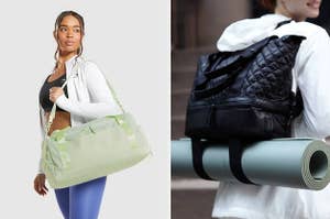 left: model holding green gym bag. right: model with sports tote with yoga mat straps