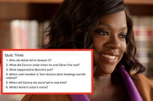 Annalise Keating is smiling in an office with Trivia questions on the left