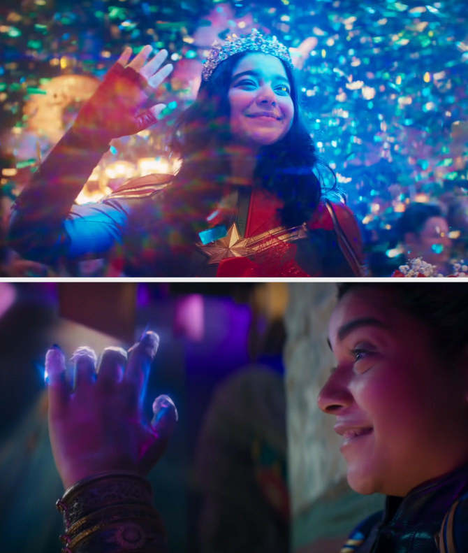 Kamala wearing a tiara and a superhero suit while confetti falls around her, and then she discovers her hand is glowing