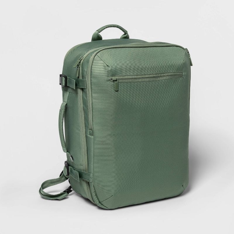 An image of a medium green travel backpack with adjustable straps, an inner zipper organizer, two zip pockets, and an outer laptop compartment