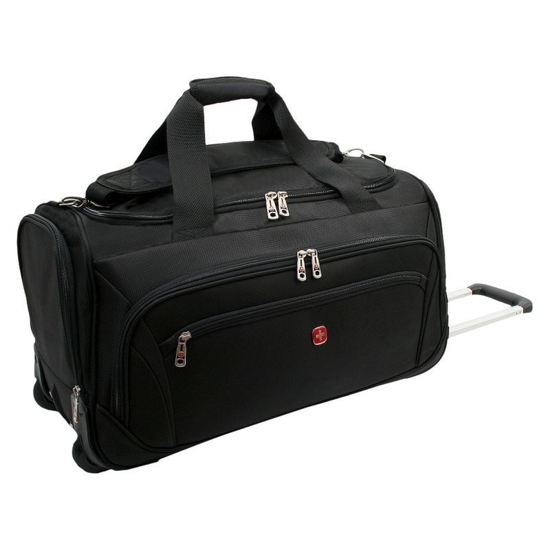 An image of wheeled duffel bag made with weather-resistant materials