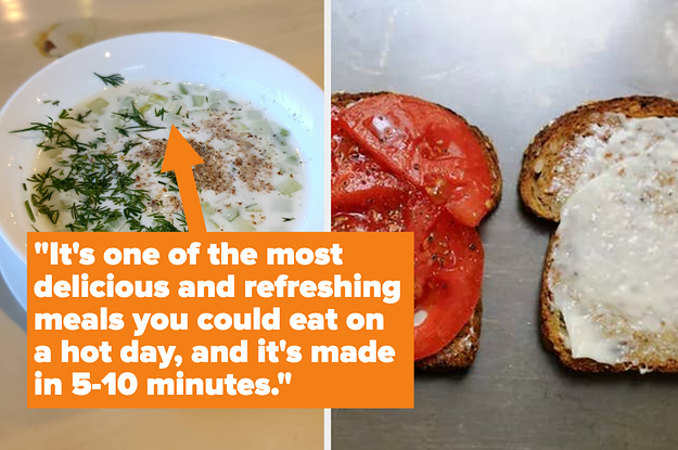 bowl of vegetables in cold soup with text: "it's one of the most delicious meals you could eat on a hot day and it's made in 5-1 minutes" with photo of tomato sandwich halves