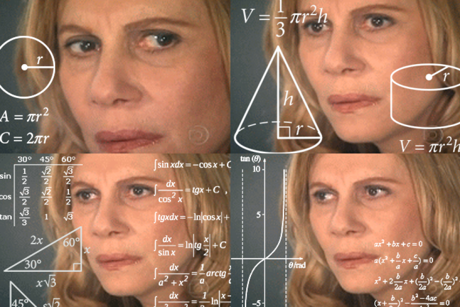 meme of a woman thinking hard with equations floating around her