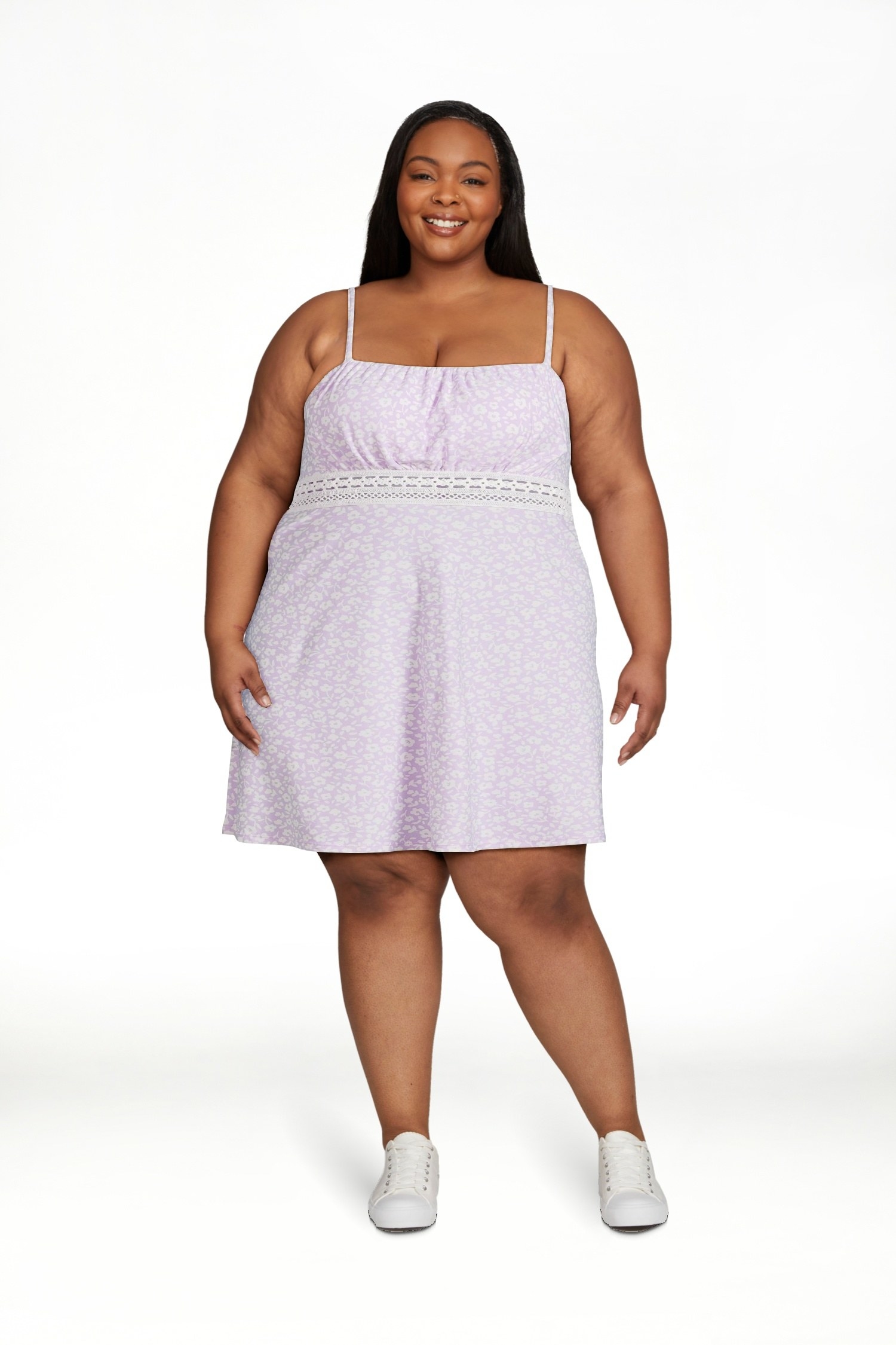 a model wearing the dress in lavender