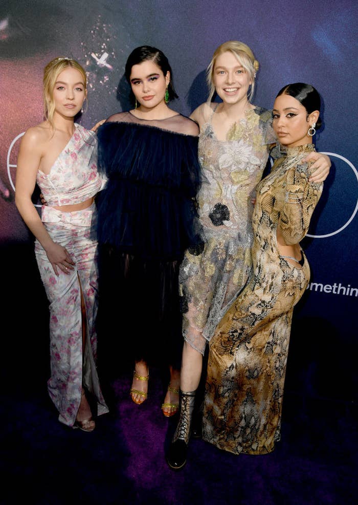 Sydney Sweeney, Barbie Ferreira, Hunter Schafer, and Alexa Demie posing together for a photo on the red carpet