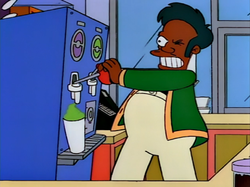 a cartoon character pulling hard on the slushie machine handle
