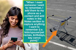 a woman on her phone vs a cart in a parking lot