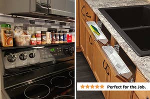 a reviewer photo of a magnetic stove shelf and a sponge caddy shelf