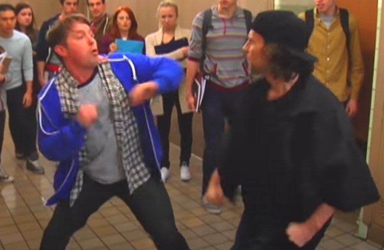 Kyle Mooney and Beck Bennett fight while dressed as high schoolers