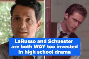 Photos of Daniel LaRusso from "Cobra Kai" and Will Schuester from "Glee" with the text "LaRusso and Schuester are both way too invested in high school drama"