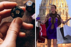 On the left, someone holding up a cube with a Virgo symbol on it, and on the right, Blair from Gossip Girl holding shopping bags in her arms
