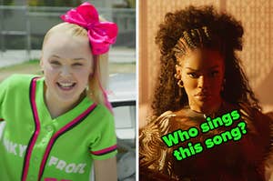 JoJo Siwa is on the left with Teyona labeled, "Who sings this song?"