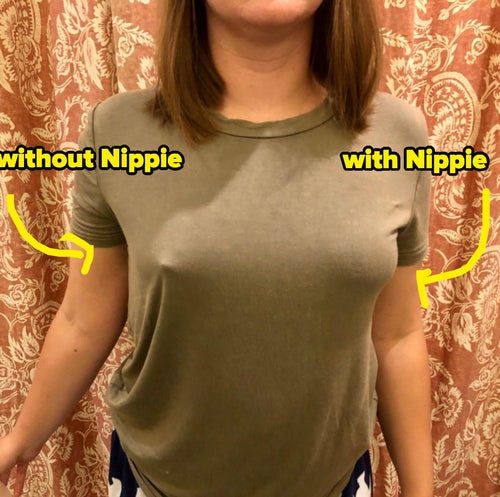 Reviewer wearing a nipple cover on one breast but not the other 