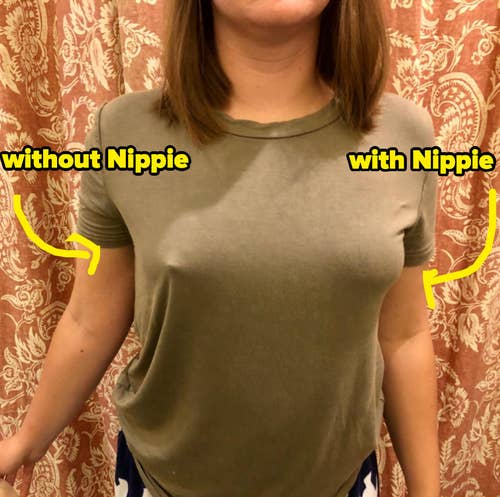 Reviewer wearing a nipple cover on one breast but not the other 
