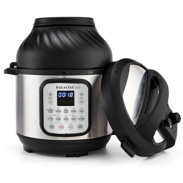 the silver instant pot with a domed lid and standard flat lid