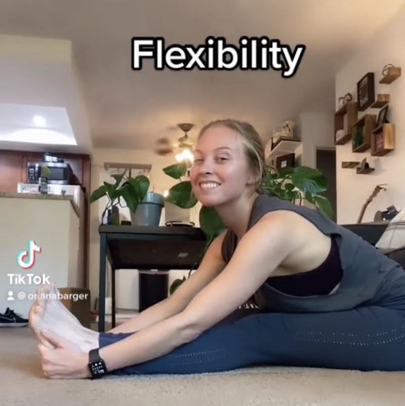 Oriana Barger stretching with text that says, &quot;Flexibility&quot;