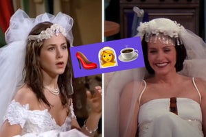 rachel in a wedding dress on the right and monica in a wedding dress on the left and a shoe, wedding dress emoji, and coffee emoji in the middle