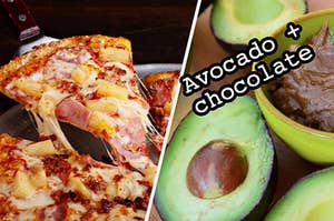 A slice of Hawaiian pizza is on the left with avocado on the right labeled, "Avocado + chocolate"