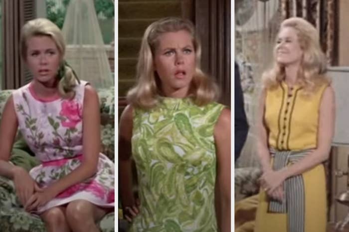 Elizabeth Montgomery wears a pink floral dress, a green dress and a yellow dress in various scenes from &quot;Bewitched&quot;